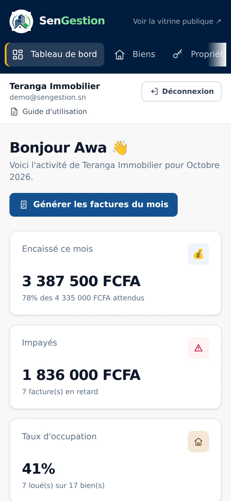 Tableau de bord SenGestion sur téléphone : loyers encaissés, impayés, taux d'occupation
