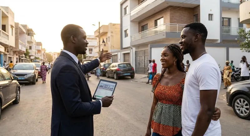 Dans une rue de quartier résidentiel, un agent immobilier en costume montre une annonce sur sa tablette à un jeune couple souriant, devant des immeubles récents.