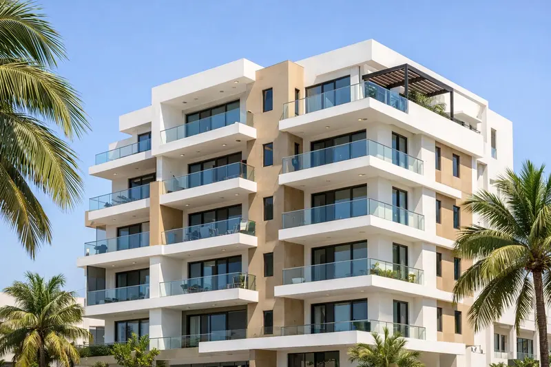 Immeuble résidentiel moderne aux façades blanches et beiges, avec balcons vitrés, entouré de palmiers