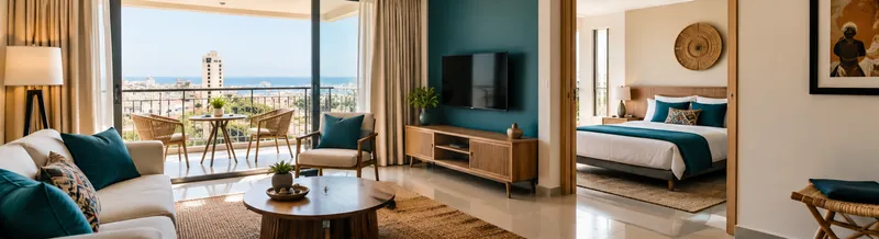 Appartement meublé moderne : salon avec canapé et balcon donnant sur la ville et la mer, chambre au lit fait à droite.