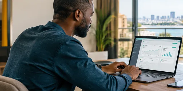 Un propriétaire travaille sur son ordinateur portable, à une table, dans un appartement lumineux avec vue sur la ville et la mer.
