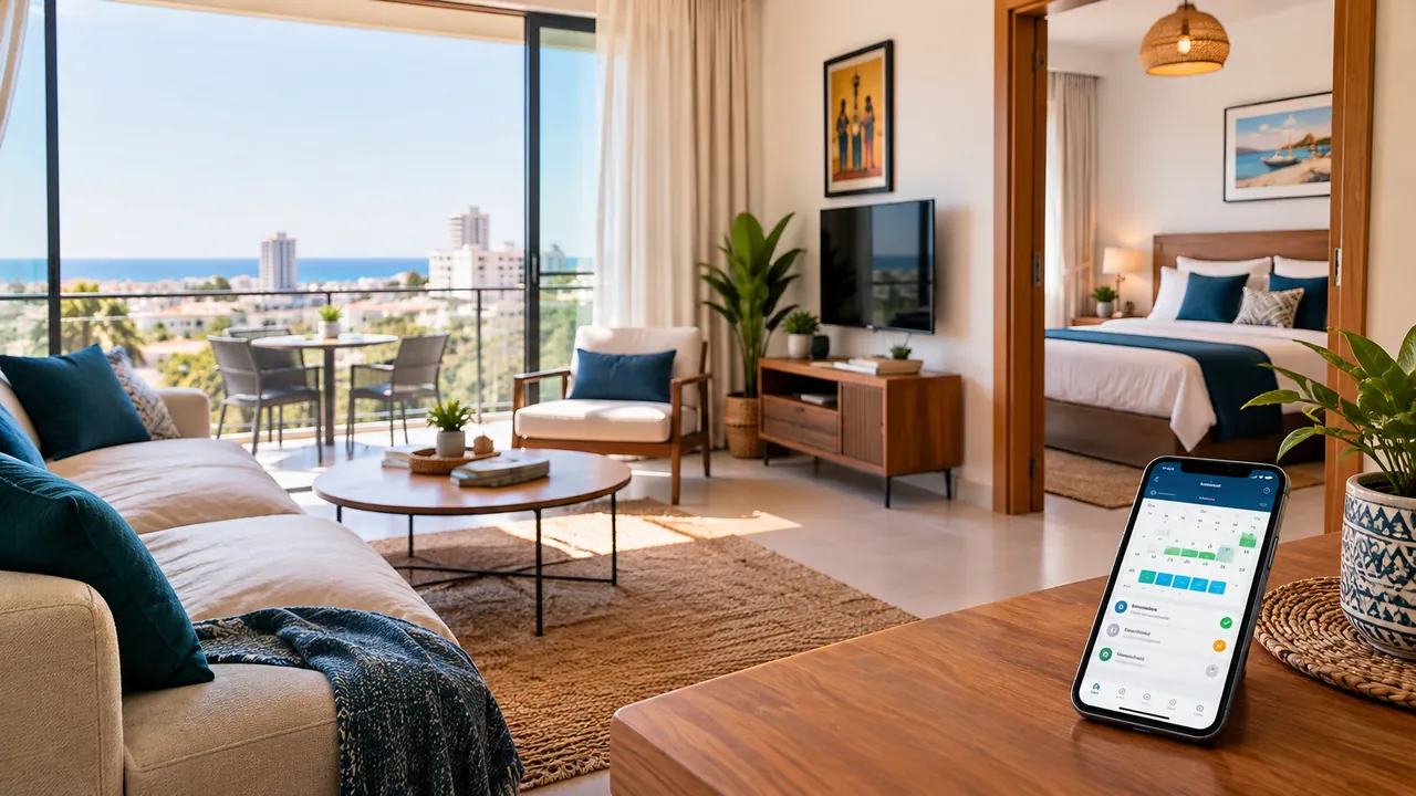 Salon lumineux d'un appartement meublé, ouvert sur un balcon avec vue sur la mer, chambre au lit fait au fond. Sur la table, un téléphone affiche un calendrier de réservations.