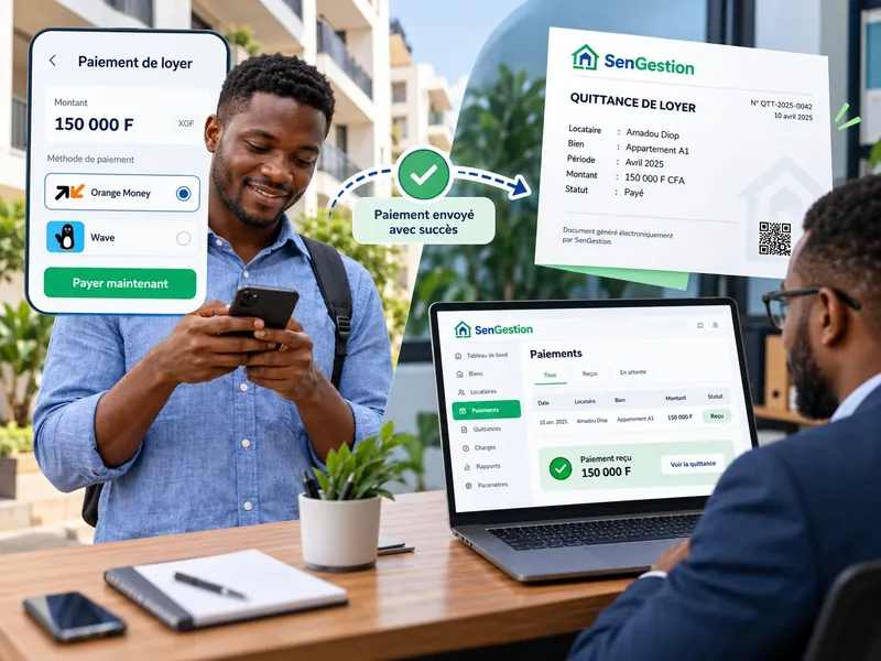 Un locataire paie son loyer depuis son téléphone avec Orange Money ou Wave ; de l'autre côté, l'agence voit le paiement reçu et la quittance correspondante.